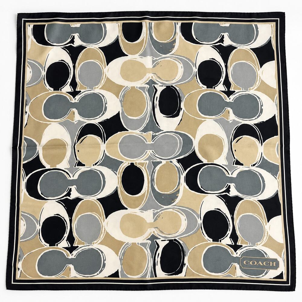 Coach 100% Silk Square Scarf Black Gray Beige Signature C Pattern 21"